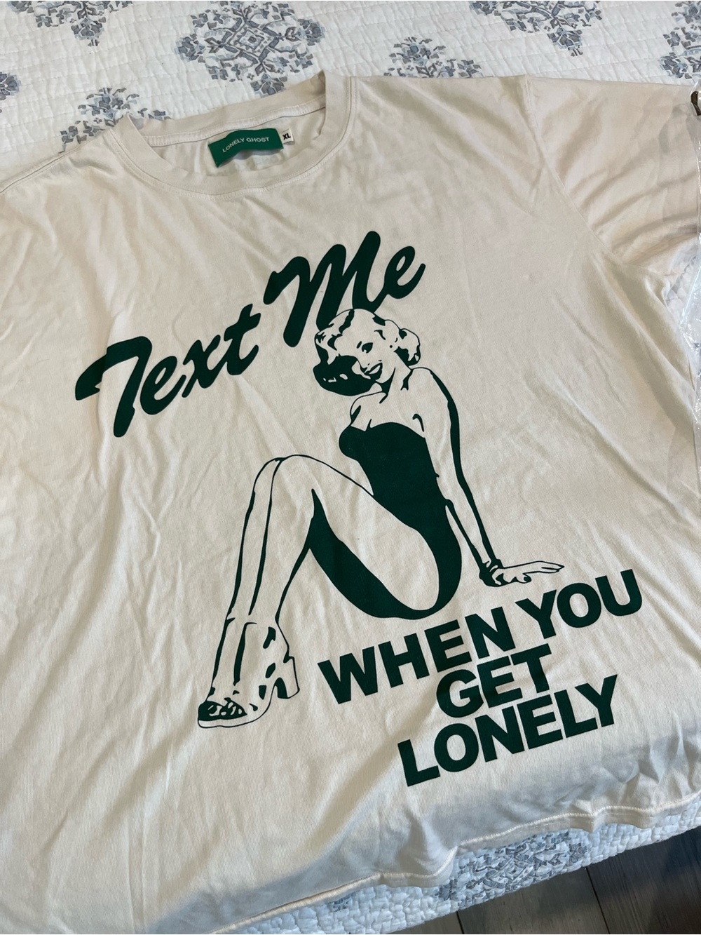 LONELY GHOST White Tee with Dark Green Graphic "Text Me When You Get Lonely"